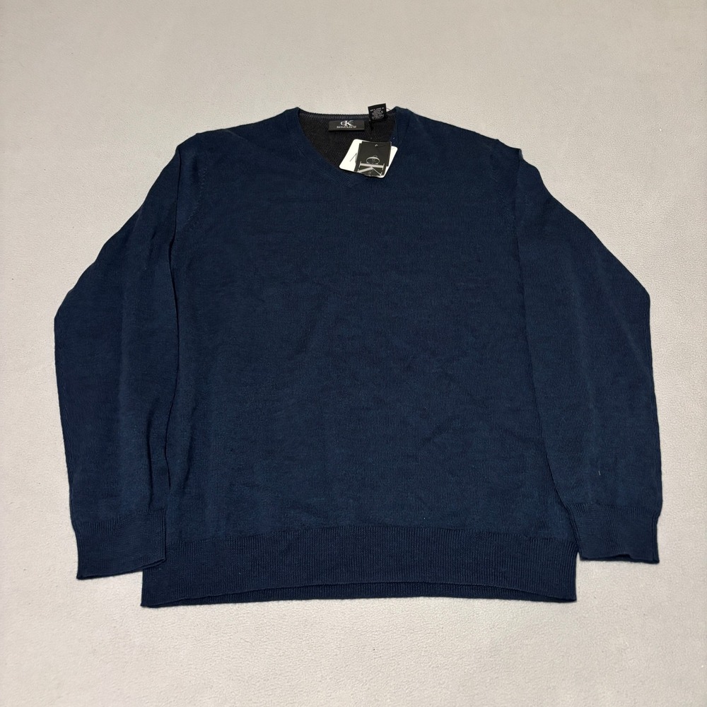 Calvin Klein Mens Navy Blue Extra Fine Merino Wool V-Neck Sweater Medium NWT